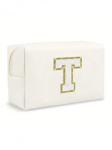 Borsa da trucco ottagonale da donna in PU con lettere, borsa cosmetica portatile in chenille con lettera iniziale in PU, impermeabile, per il viaggio, con cerniera, adatta per la decorazione della casa in autunno, atmosfera bohémien, vacanze, spiaggia, bagno, camera da letto, grande capacità