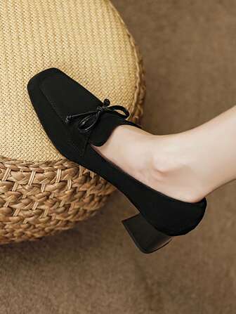 女士蝴蝶结装饰方头粗跟一脚蹬时尚高跟鞋，适合秋季