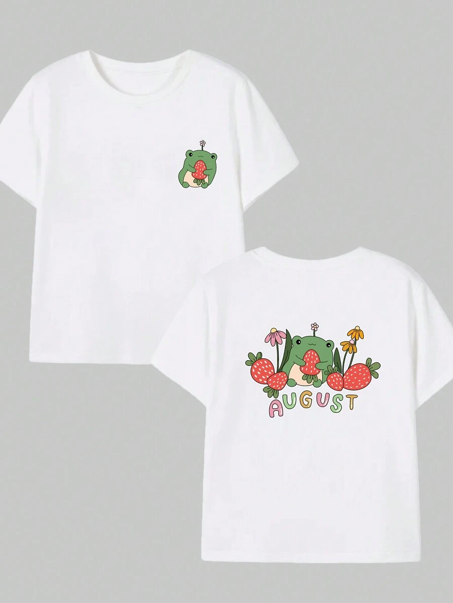 Cute Frog With Strawberry Printed T-Shirt Unisex Men's Fashion Comfort Casual Printed Short Sleeve Top - 白色 - 查看 1