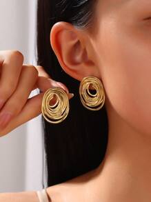 2 件复古优雅钛钢空心椭圆线耳环，奢华高端个性化耳钉，时尚百搭防过敏不锈钢婚礼订婚派对珠宝 - 多色 - 查看 7