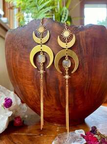 1 对波西米亚风格新月锆石长流苏耳环复古时尚女士宴会情人节礼物配饰、妈妈、母亲、母亲节、礼物