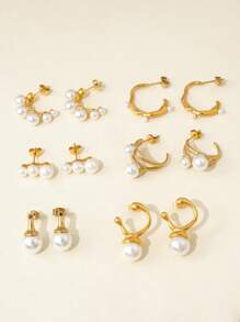 3 对/6 对简约金属几何不锈钢环状耳环套装，配人造珍珠，适合女性日常佩戴和送礼 - 金黃色 - 查看 1