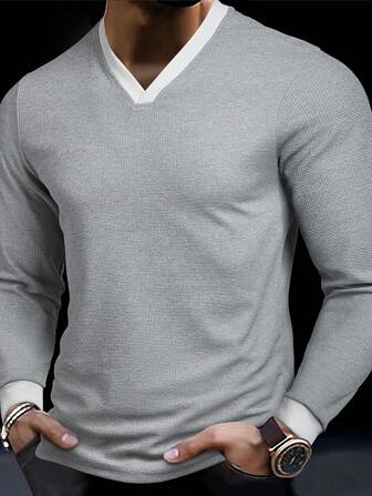 Men's Textured Fabric Patchwork Ribbed Cuff & Collar Lightweight Henley T-Shirt, Casual Outdoor Wear, Spring/Autumn, Long Sleeve Top