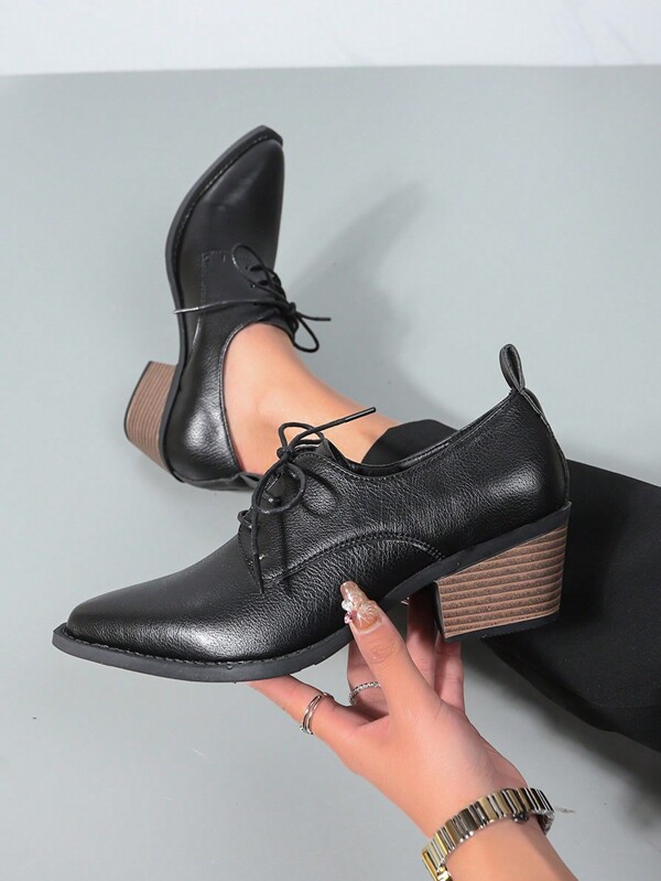 Damskie modne skórzane buty na wysokim obcasie, gruby obcas, sznurowane, wygodne na 4 pory roku, stylowy szpiczasty nosek, antypoślizgowa podeszwa - idealny dodatek na zewnątrz
