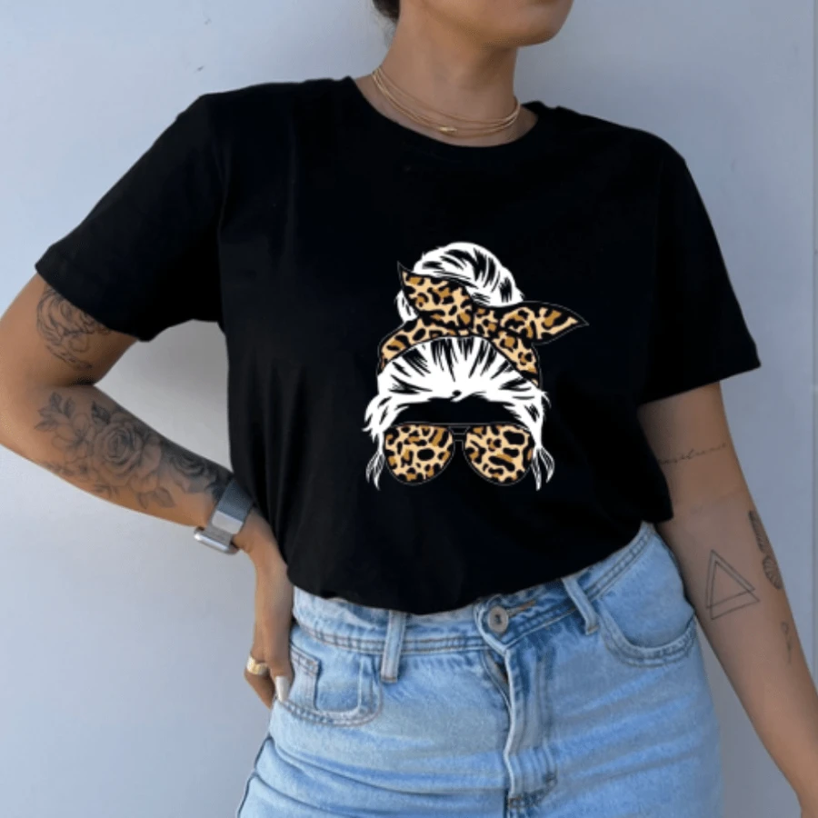 T-Shirt Bun And Scarf Fashion Girl Tumblr Aesthetic Woman Chic Leopard - 黑色 - 查看 1