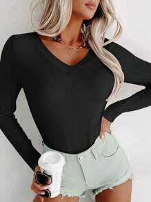 Huskary Camisetas básicas de manga larga con cuello en V profundo de modal de ajuste slim para mujer, 2024 - Negro - Ver 3