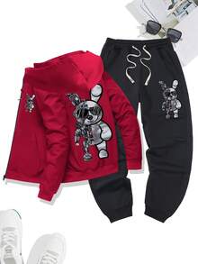 2pcs Men's Bunny Print Long Sleeve Sweatshirt And Pants Set, Casual Sports Tracksuit, Spring/Fall