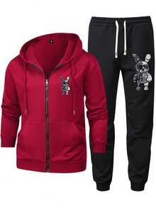 2pcs Men's Bunny Print Long Sleeve Sweatshirt And Pants Set, Casual Sports Tracksuit, Spring/Fall