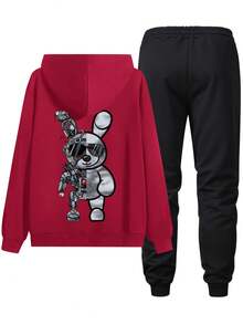 2pcs Men's Bunny Print Long Sleeve Sweatshirt And Pants Set, Casual Sports Tracksuit, Spring/Fall