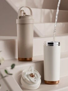 1pc High-Capacity, Stylish Ceramic Lined Double Wall Vacuum Insulated Water Bottle/Coffee Mug With Straw, Portable Back To School