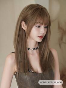 NAMM Tóc giả thẳng màu nâu cho phụ nữ Tóc giả dài có mái trông tự nhiên, sợi tổng hợp chịu nhiệt, tóc giả bốn mùa cho bé gái sử dụng hàng ngày trong tiệc tùng dài 22 inch - Lanh nâu - Xem 4