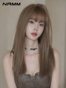 NAMM Tóc giả thẳng màu nâu cho phụ nữ Tóc giả dài có mái trông tự nhiên, sợi tổng hợp chịu nhiệt, tóc giả bốn mùa cho bé gái sử dụng hàng ngày trong tiệc tùng dài 22 inch - Lanh nâu - Xem 2
