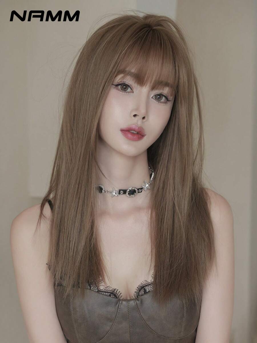 NAMM Tóc giả thẳng màu nâu cho phụ nữ Tóc giả dài có mái trông tự nhiên, sợi tổng hợp chịu nhiệt, tóc giả bốn mùa cho bé gái sử dụng hàng ngày trong tiệc tùng dài 22 inch