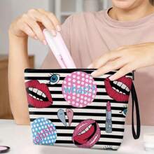 Polka Dot Lip Print Cosmetic Bag, Braided Strap Women Portable Toiletry Makeup Organizer - Multicolor - View 13