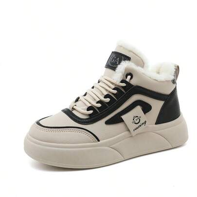 1 Pair Women's Casual Winter Shoes, New 2024 Autumn/Winter Comfortable Warm Sports Sneakers, Thermal-Lined Thick Sole Color Block Platform Shoes For Students, Simple & Fashionable
