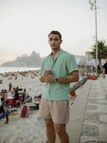 Men's Short Sleeve Shirt With Priest Collar Elegant Casual Party Work - أخضر - مشاهدة 6
