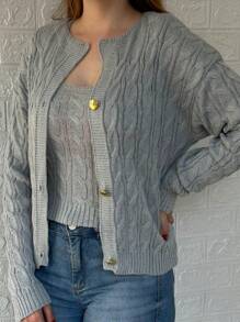Winter Braided Coat And Tank Top - 3 Button Knit Twin Set - Knit Set - 淺灰色 - 查看 1