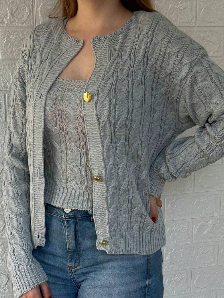 Winter Braided Coat And Tank Top - 3 Button Knit Twin Set - Knit Set - 淺灰色 - 查看 1