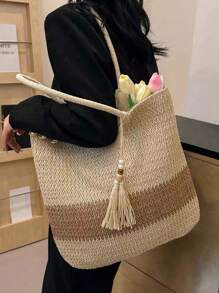 Baila Morena Women's Straw Tote Bag Beach Shoulder Strap Braided With Zipper Keychain Fringe Polka Dots - 米色 - 查看 6