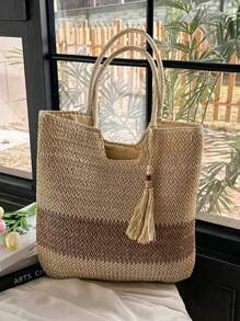 Baila Morena Women's Straw Tote Bag Beach Shoulder Strap Braided With Zipper Keychain Fringe Polka Dots - 米色 - 查看 4