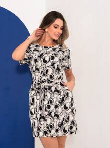 Short Printed Dress With Tie Belt - Black - View 1