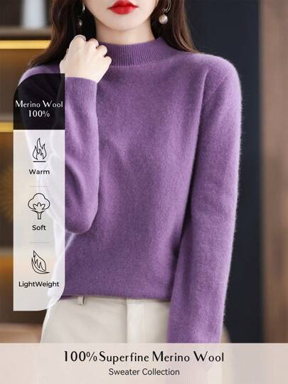 100% Merino Wool Women's Sweater Soft Warm Mock Neck Pullover Fall Winter Sweater One-Line Seamless Sweater