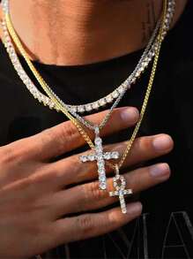 قلادة سلسلة ذهبية اللون مرصعة بالأحجار للرجال والنساء، قلادة صليب هيب هوب - قلادة الصليب - مشاهدة 3