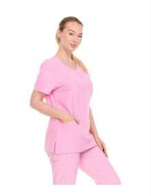 Women's V-Neck Scrub Top – 4-Way Stretch - Soft Stretch Uniform Shirt With 2 Pockets, Classic Fit Nurse Workwear - MÀU HỒNG NHẠT - Xem 4
