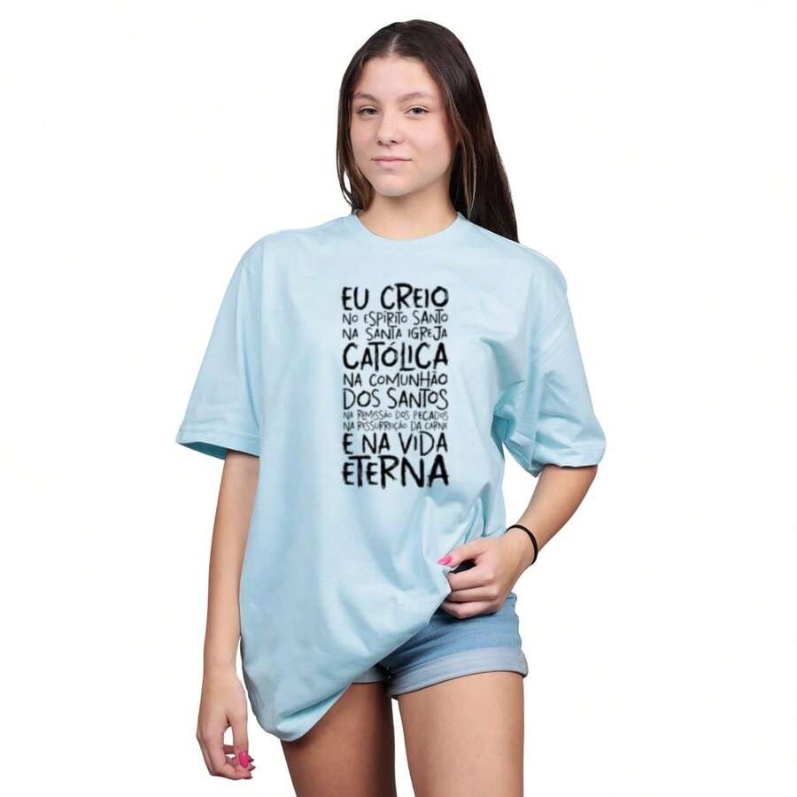 Women's Fashion T-Shirt Religious Prayer Catholic Shirt Cotton New Arrival Round Neck - 淺藍色 - 查看 1