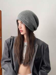 1pc Women Solid Color Stripe Knit Beanie Hat, Fashionable Rabbit Thermal Lined Warm Windproof Ear Muff Roll Up Ski Cap, Suitable For Outdoor Walking And Traveling, Autumn/Winter - MM1530 - View 15