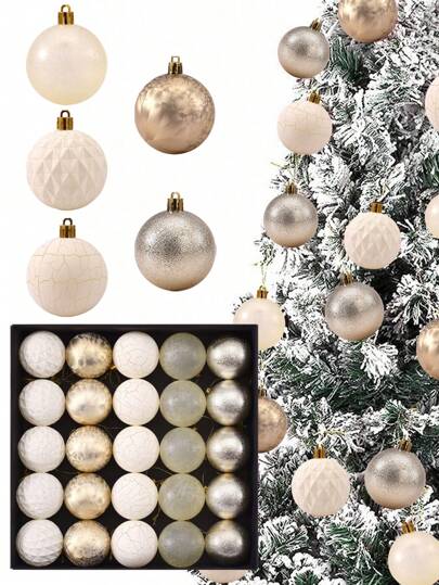 25pcs-Champagne Christmas Balls, Christmas Tree Decorative Balls, Christmas Tree Ornaments, Christmas Decorations Set. Champagne Creative Painted Christmas Balls For Party, Christmas Tree, Wreaths, And Christmas Decorations,Christmas