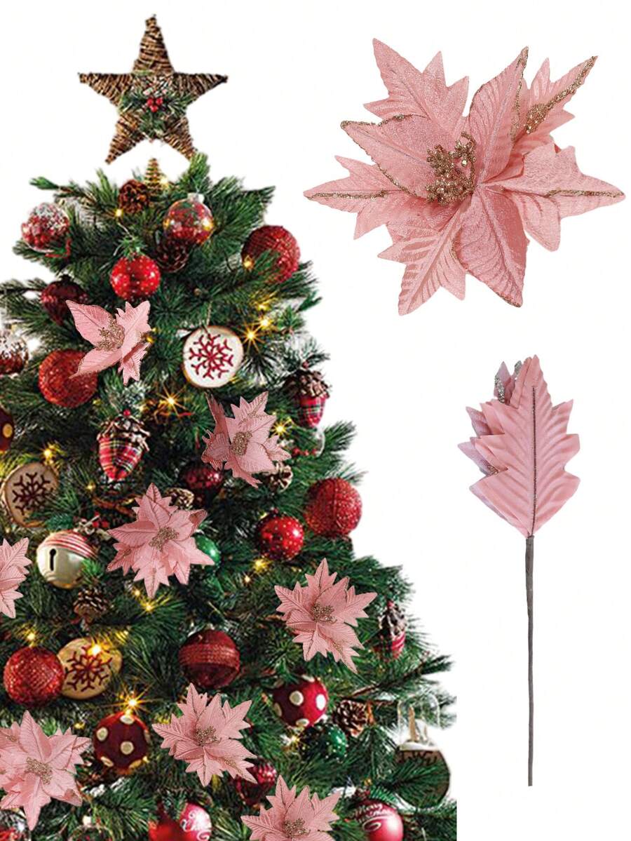 1 件 86 厘米/33.8 英寸人造粉色圣诞花，栩栩如生的假植物，适合圣诞节、情人节、新年家居装饰、婚礼、派对、餐厅、酒店 - 粉色 - 查看 1