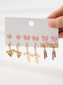 1 套心形蝴蝶结设计耳钉吊坠耳环套装，多只蝴蝶结耳环套装，金色设计日常佩戴叠戴耳环首饰，适合女性情人节、妈妈、母亲、母亲节、礼物 - 彩色 - 查看 7