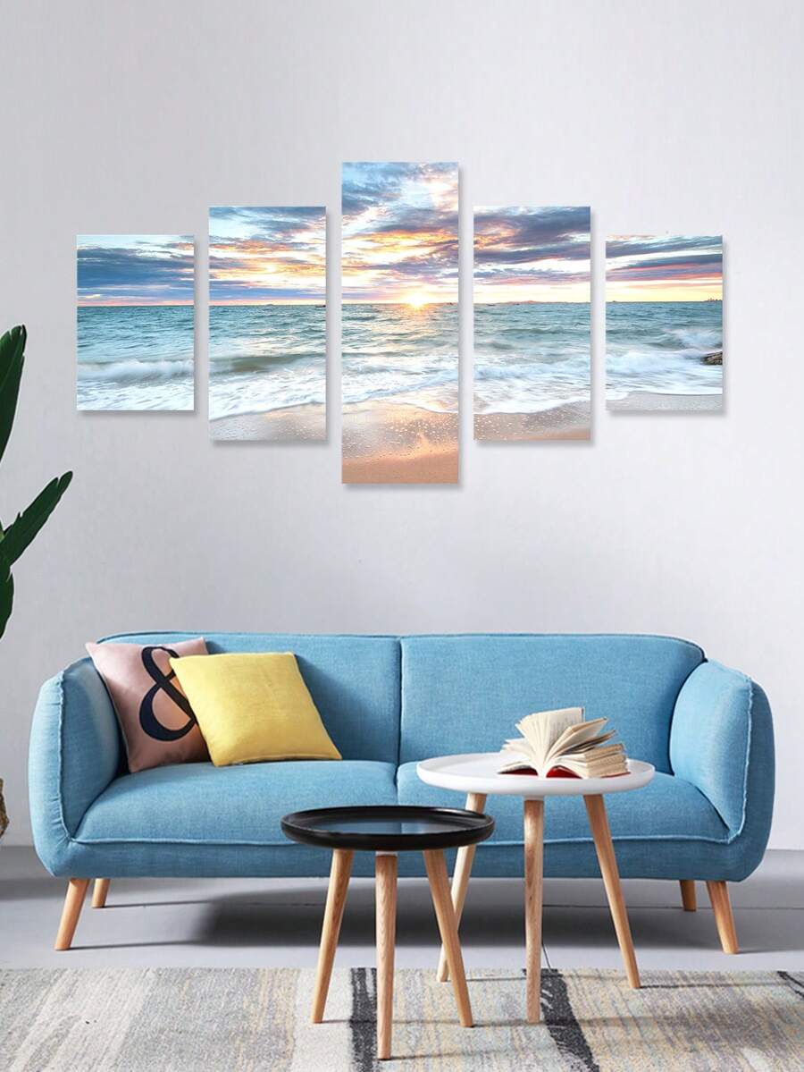 Bộ 5 tấm áp phích vải canvas đóng khung bằng gỗ, nghệ thuật hiện đại, bãi biển bên bờ biển, áp phích vải canvas bình minh tuyệt đẹp, quà tặng lý tưởng cho hành lang phòng ngủ phòng khách, nghệ thuật treo tường, trang trí tường, trang trí mùa đông, trang trí tường, trang trí phòng - Nhiều màu - Xem 1