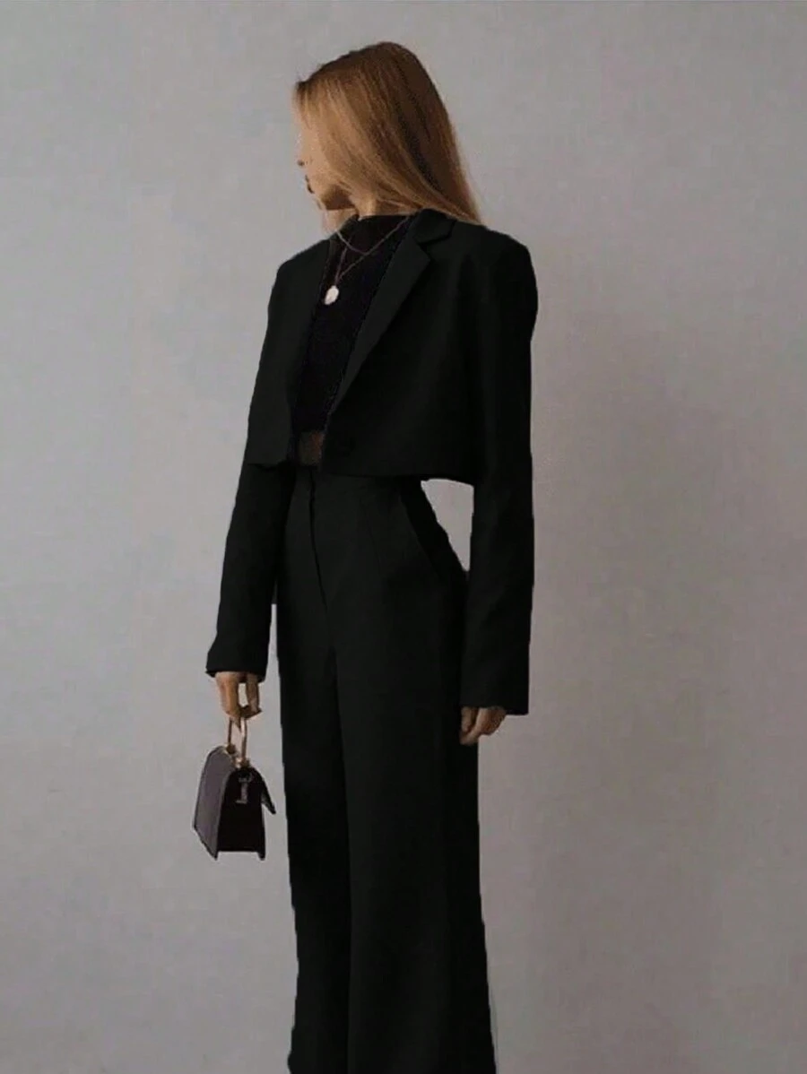 Damen einfarbiger Langarm-Jacke und lange Hose 2 Stücke Freizeitoutfit - Schwarz - Übersicht 1