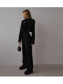 Damen einfarbiger Langarm-Jacke und lange Hose 2 Stücke Freizeitoutfit - Schwarz - Übersicht 2