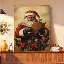 1 pieza Póster artístico vintage de lienzo con impresión | Enmarcado en lienzo - Santa Claus leyendo arte navideño, perfecto para la decoración rústica del hogar, decoración de invierno, decoración de habitación, decoración de pared, regalo de Navidad perfecto