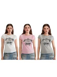 Women Short Sleeve Graphic Tees Y2K Vintage Aesthetic Gothic Tops Emo Teen Girls 2000s Streetwear Crew Neck Slim Fitted Shirts Going Out Outfits 1 Pcs 140g Rams 95% Polyester 5% Cotton Top - 灰色 - 查看 3