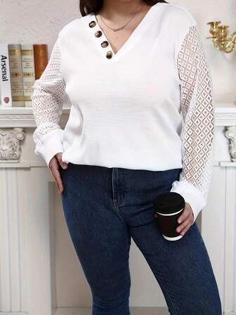 1pc Plus Size Women Elegant Lace Patchwork V-Neck Button Closure Blouse, European And American Style