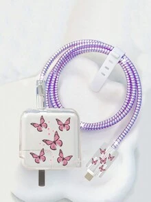 1 miếng ốp sạc TPU trong suốt hình bướm tím, phù hợp với bộ bảo vệ cáp sạc điện thoại Apple 30W-35W - Nhiều màu - Xem 2