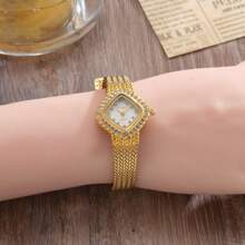 1pc Women's Gold Rhombus Rhinestone Stainless Steel Mesh Band Quartz Watch, 3ATM Water Resistant, Suitable For Daily Wear, Christmas Party, Gift