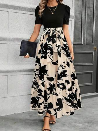 Plus Size Women Floral Print Round Neck Patchwork Dress, Elegant Short Sleeve A-Line Dress For Summer