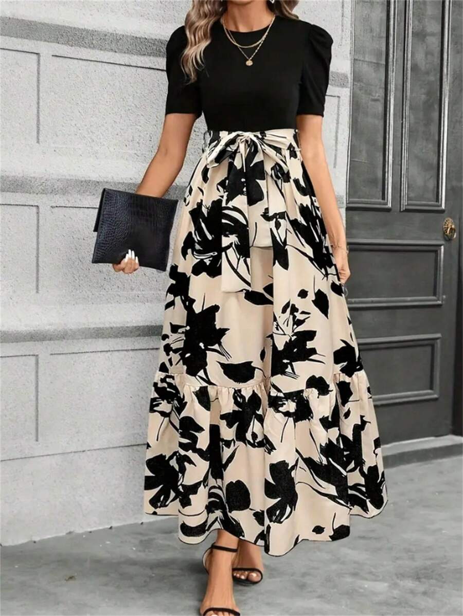 Plus Size Women Floral Print Round Neck Patchwork Dress, Elegant Short Sleeve A-Line Dress For Summer