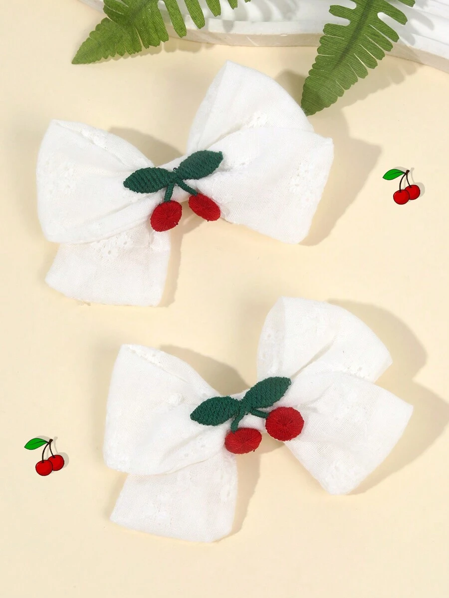 2pcs Cherry Hair Clips, Suitable For Toddler Girls, Cute Fruit Bow Hair Clips, White Bow Hair Clips, Soft Fabric Hair Clips, Girls Daily Hair Accessories, Children Baby Hair Accessories, Valentine's Day Heart - Multicolor - View 1