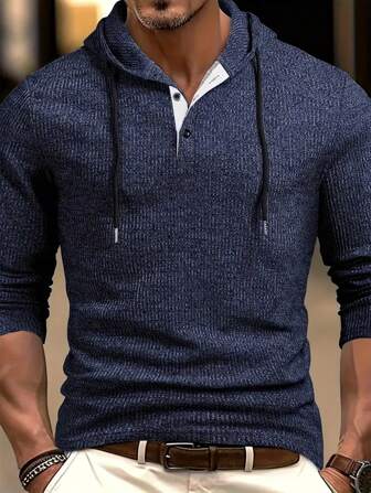 Men's Textured Elastic Contrast Stitch Splice Hooded Henley Sweatshirt, Casual Outdoor Sports, For Fall, Long Sleeve Top