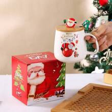 1pc Christmas Cartoon Cute Santa Claus Design Ceramic Mug With Lid And Spoon, Gifts & Souvenirs