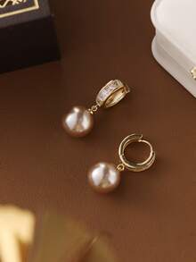 1 对经典法式时尚铜镀金、微镶嵌水钻仿珍珠几何奢华环状耳环 - A - 查看 2