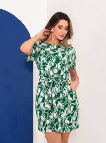 Short Printed Dress With Tie Belt - Verde - Ver 1
