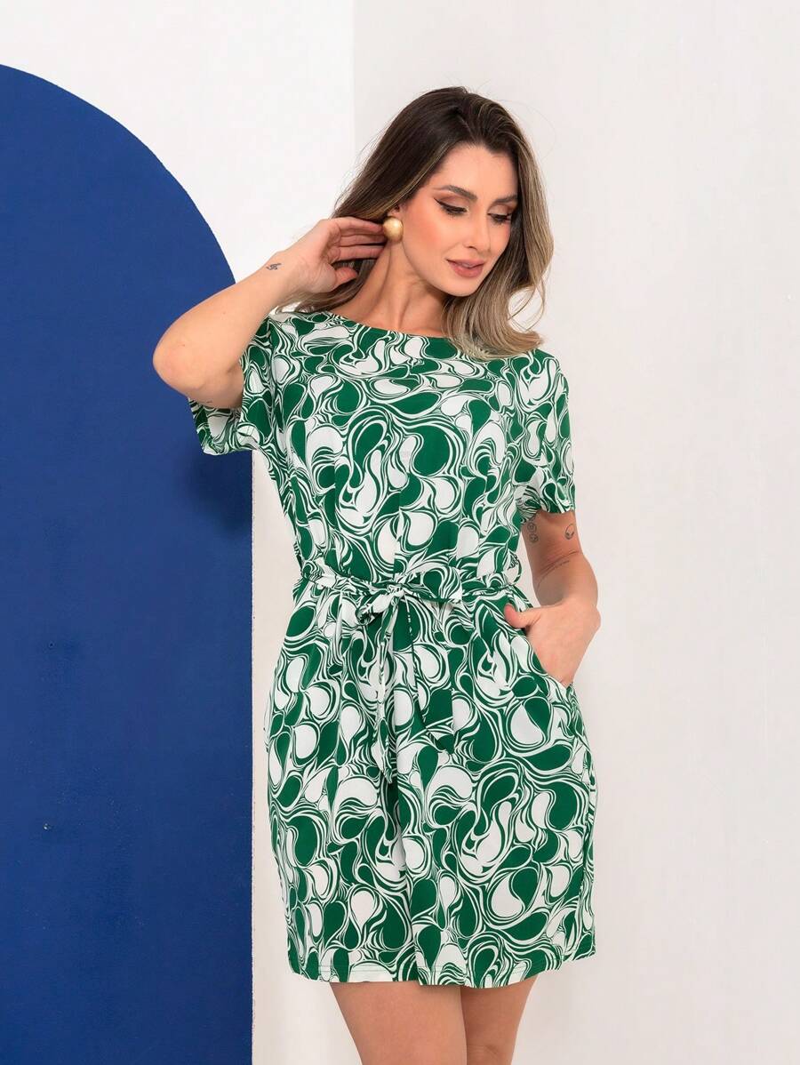 Short Printed Dress With Tie Belt - Verde - Ver 1