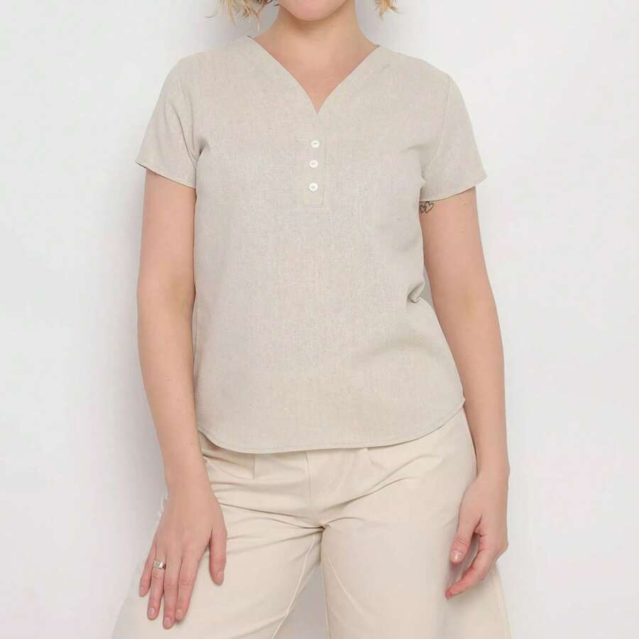 Camiseta feminina casual de linho com decote em V e detalhes de botões, manga curta regular para uso diário